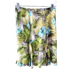 Nygard Collection Petites Green & Blue Tropical Print 100% Silk Flared Skirt 8P